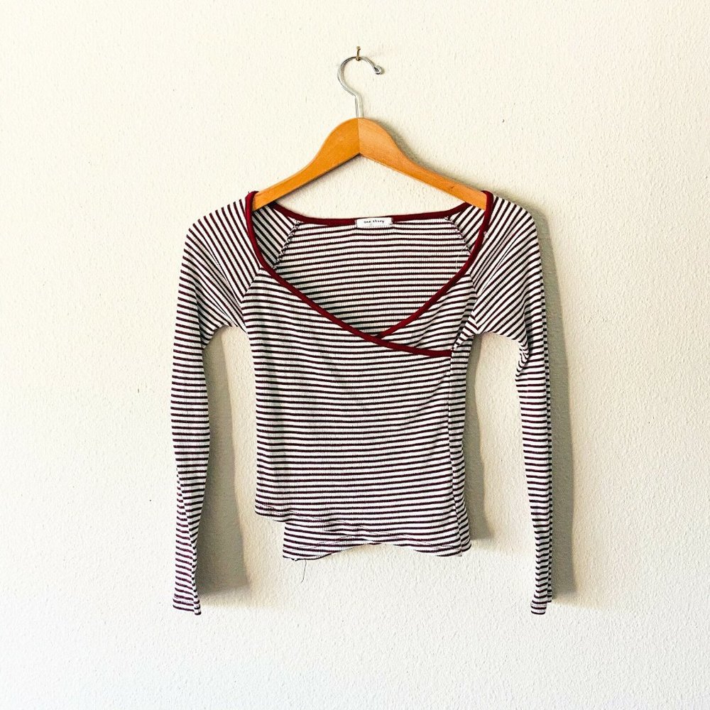 One Story burgundy white striped long sleeve blous